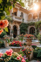 Courtyard of a Spanish style mansion with flowers