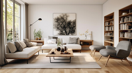 A modern living room with a Scandinavian twist, blending mid-century furniture with contemporary design elements for a timeless look