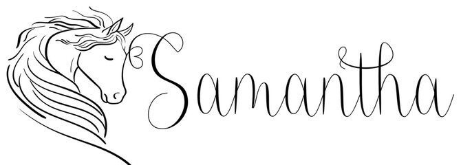 Samantha - black color - name written - vector graphics with stylized horse with heart - for websites, greetings, banners, cards,, t-shirt, sweatshirt, prints, cricut, silhouette,	