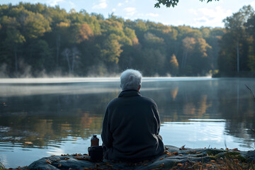 Older Man Looking at a Calm Lake