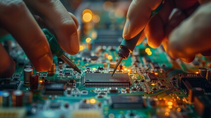 Intense electrical engineer troubleshooting complex circuit board issues in a well-equipped electronics laboratory.