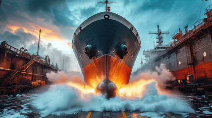 Launching of a chemical tanker from the dry dock platform of a shipyard with a large splash of water when it hits the sea. Ai generated - obrazy, fototapety, plakaty