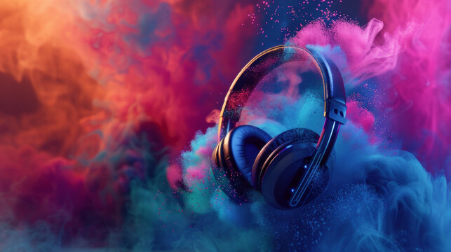 World music day banner with headset headphones on abstract colorful dust background. Music day event and musical instruments colorful design 