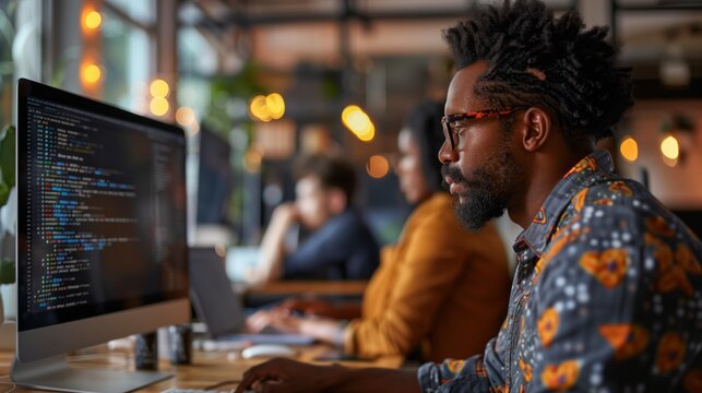 Software developers collaborate on a code review session in a modern tech company office environment.