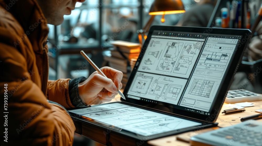 Poster an industrial designer intently sketches new product concepts using a stylus on a digital drawing ta