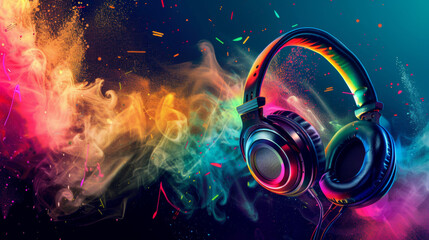 World music day banner with headset headphones on abstract colorful dust background. Music day event and musical instruments colorful design 