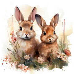 watercolor Bunnies With Flower Wreaths clipart, Generative Ai
