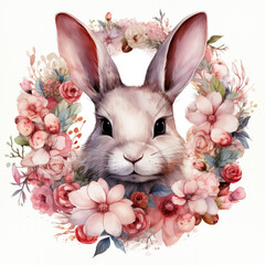 watercolor Bunnies With Flower Wreaths clipart, Generative Ai