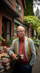 An elderly man standing in front of a bookstore