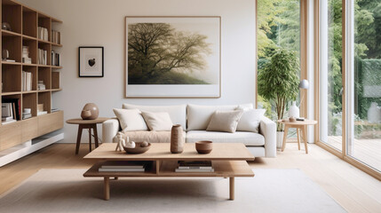 A modern living room with a touch of Scandinavian charm, featuring a combination of sleek furniture and natural elements for a balanced design