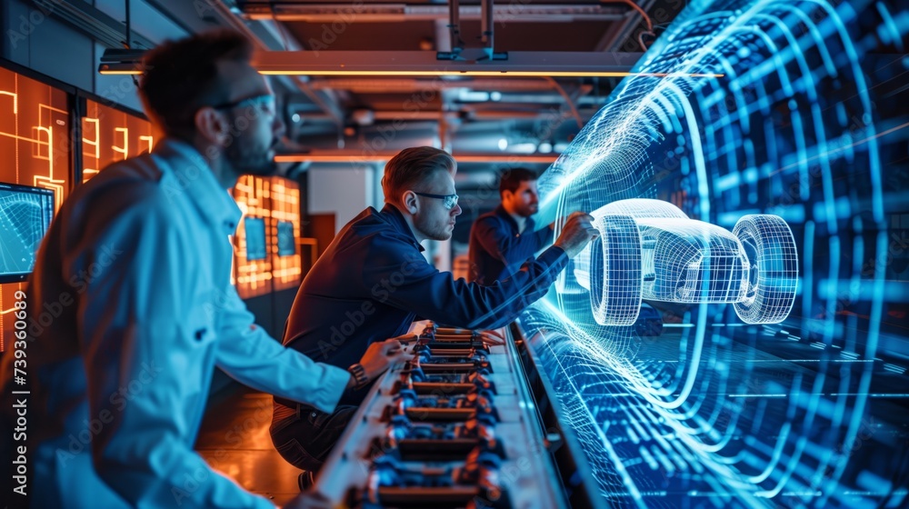 Poster automotive engineers using advanced simulation technology to test vehicle aerodynamics in a high-tec