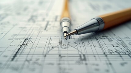 Close-up of technical pens resting on a detailed engineering drawing with precise schematics and measurements.