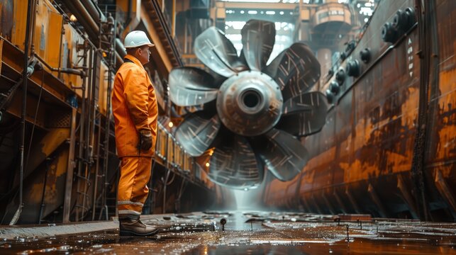 Marine engineer in safety gear examines the large propulsion system of a ship during an engineering inspection.