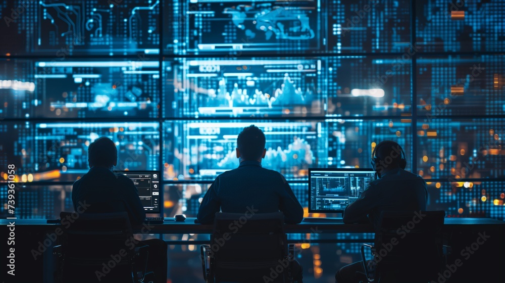 Poster systems engineers in a high-tech control room meeting to discuss the integration of new software int