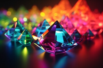 Colorful glass prisms on black background. Colorful prism effect on black background. Crystal glass pyramid with colorful reflections - obrazy, fototapety, plakaty