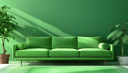 modern living room concept with green sofa and green walls. luxury living room wall mockup