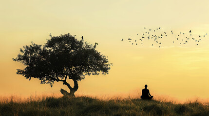 A serene setting of an individual meditating under a tree with a bird perched above, as a flock of birds flies against a calming dusk sky.