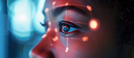 Mysterious woman with red eye intensely staring at computer screen, surveillance, technology concept