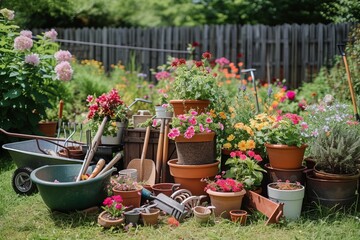 A colorful garden with a variety of flowers and gardening tools