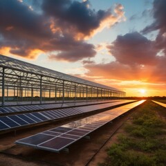 A large solar farm with a beautiful sunset in the background