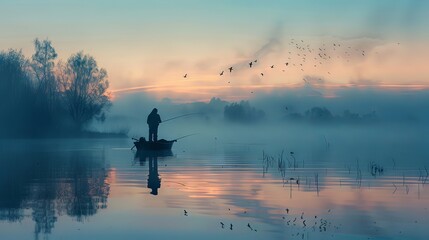 A lone fisherman in a boat is enveloped by the tranquil mist of a lake, with the first light of dawn creating a serene atmosphere.