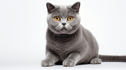 Portrait of a grey British Fold cat with intense yellow eyes, op the white background, excellent for Veterinary, products for animals in pet stores.