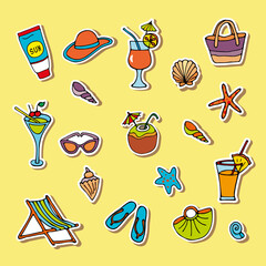 set of color vector stickers of beach items. beach accessories.