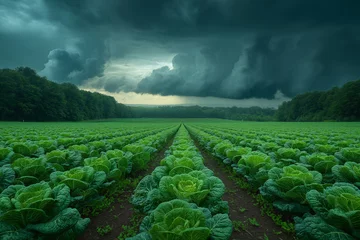 Foto op Plexiglas Storm clouds over field of brussels sprout © Ala
