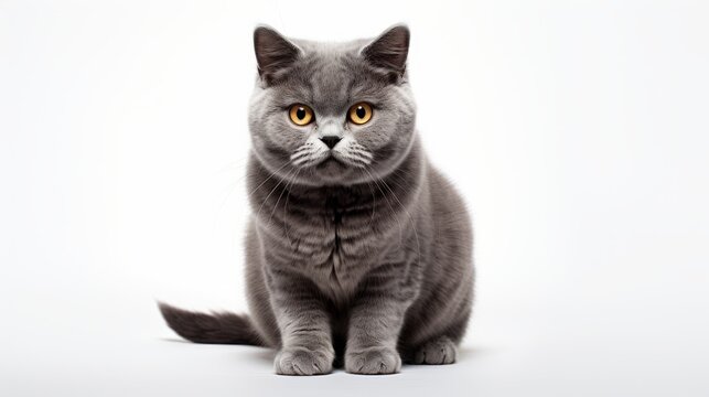 Portrait of a grey British Fold cat with intense yellow eyes, excellent for pet care branding or animal-themed projects.