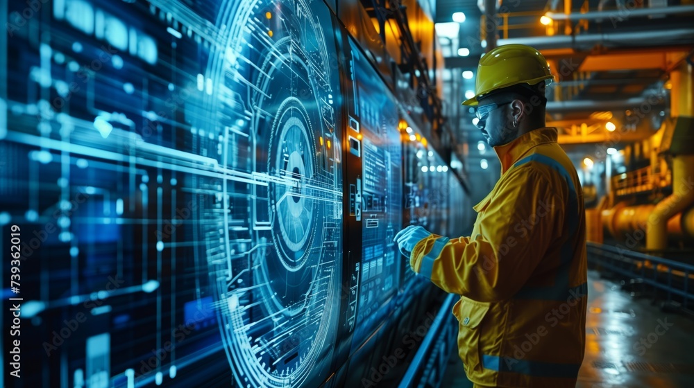 Poster engineer using ai-driven predictive maintenance interface in industrial setting for system checks.