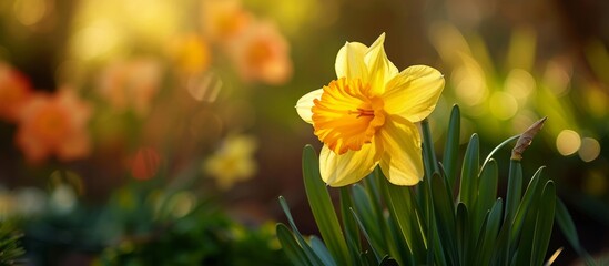 Obraz premium Vibrant yellow flower with lush green leaves in a natural setting, botanical beauty