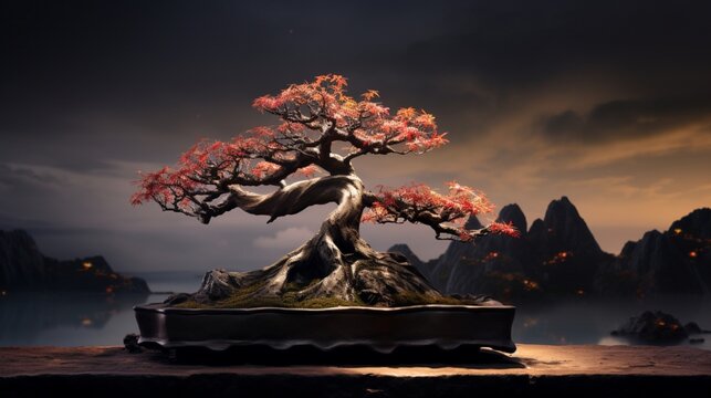 A twilight image of a Lychee Bonsai against a darkening sky, with warm artificial light accentuating the tree's form and creating a peaceful ambiance.