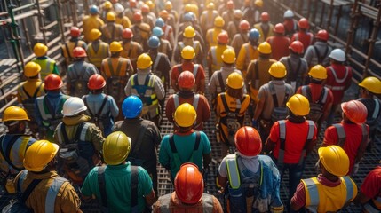 Construction workers wearing hard hats at a construction site - obrazy, fototapety, plakaty
