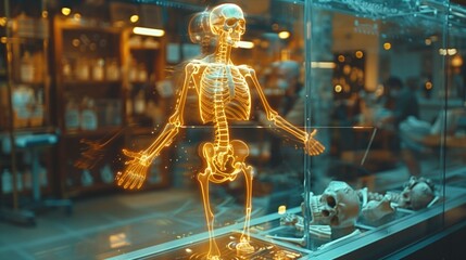 Hologram of the human skeletal system floating in midair Modern technology is used to diagnose human diseases. - obrazy, fototapety, plakaty