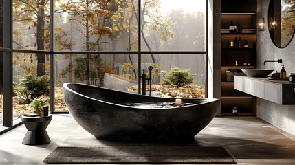 A luxurious and contemporary bathroom with black accents. Interior design. Created with generative AI.