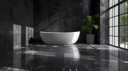 A sleek and minimalist black bathroom. Modern interior design. Created with generative AI.