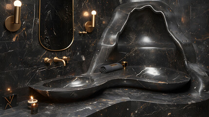 A luxurious black marble bathroom. Elegant interior design. Created with generative AI.