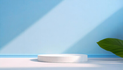 a clear space, an empty product display stand, and a gentle background of pink and blue