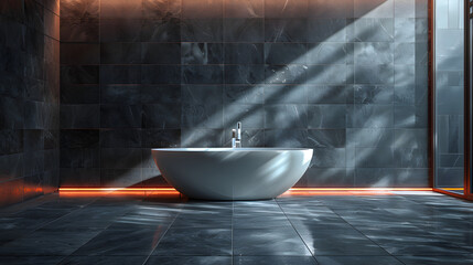 A sleek modern bathroom. Black tiles and minimalist interior design. Created with generative AI.