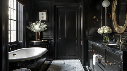 A contemporary black and white bathroom. Marble accents. Interior design. Created with generative AI.