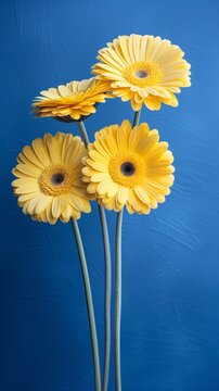Four yellow flowers against a blue background