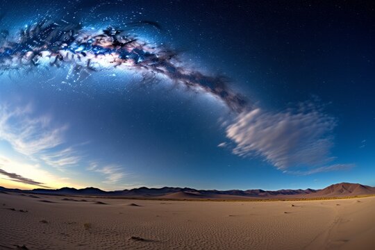 Amazing view of the night sky full of stars and a bright milky way over a vast desert landscape