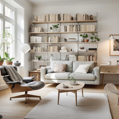 A modern living space with Scandinavian design principles, featuring open shelving, sleek furniture, and a neutral color palette for a clean and uncluttered look.