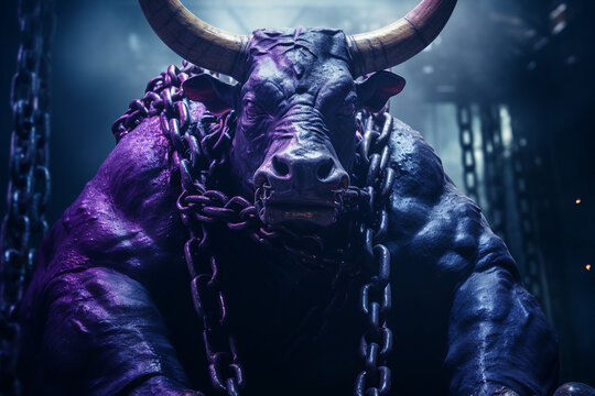 Ai generated surreal picture of minotaur monster with chain on dark neon light