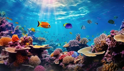 Crédence de cuisine en verre imprimé Récifs coralliens Fish in the water, coral reef, underwater life, various fish and exotic coral reefs