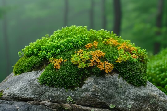 Green and yellow moss growing on a rock in the forest
