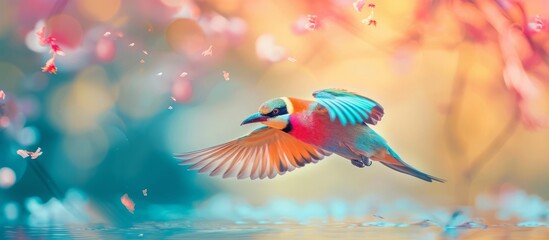 Fototapeta na wymiar Majestic bird soaring gracefully above serene and reflective lake water