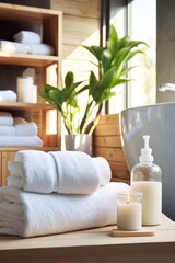 Bath towels and toiletries on a wooden shelf in a bathroom