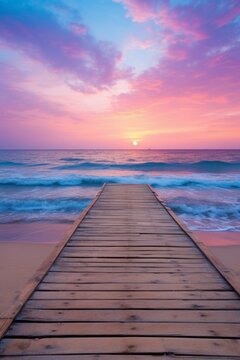 Wooden dock extending into the ocean at sunset
