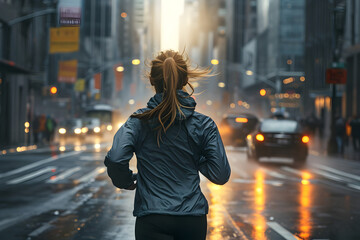 Fototapeta premium Woman Jogging in Rainy City
